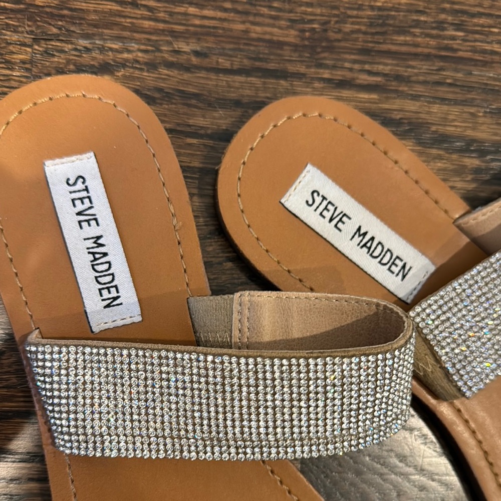 Steve Madden Rage Sandal Tan Sandals with Rhinestone Strap women’s 8 diamond - Picture 2 of 11